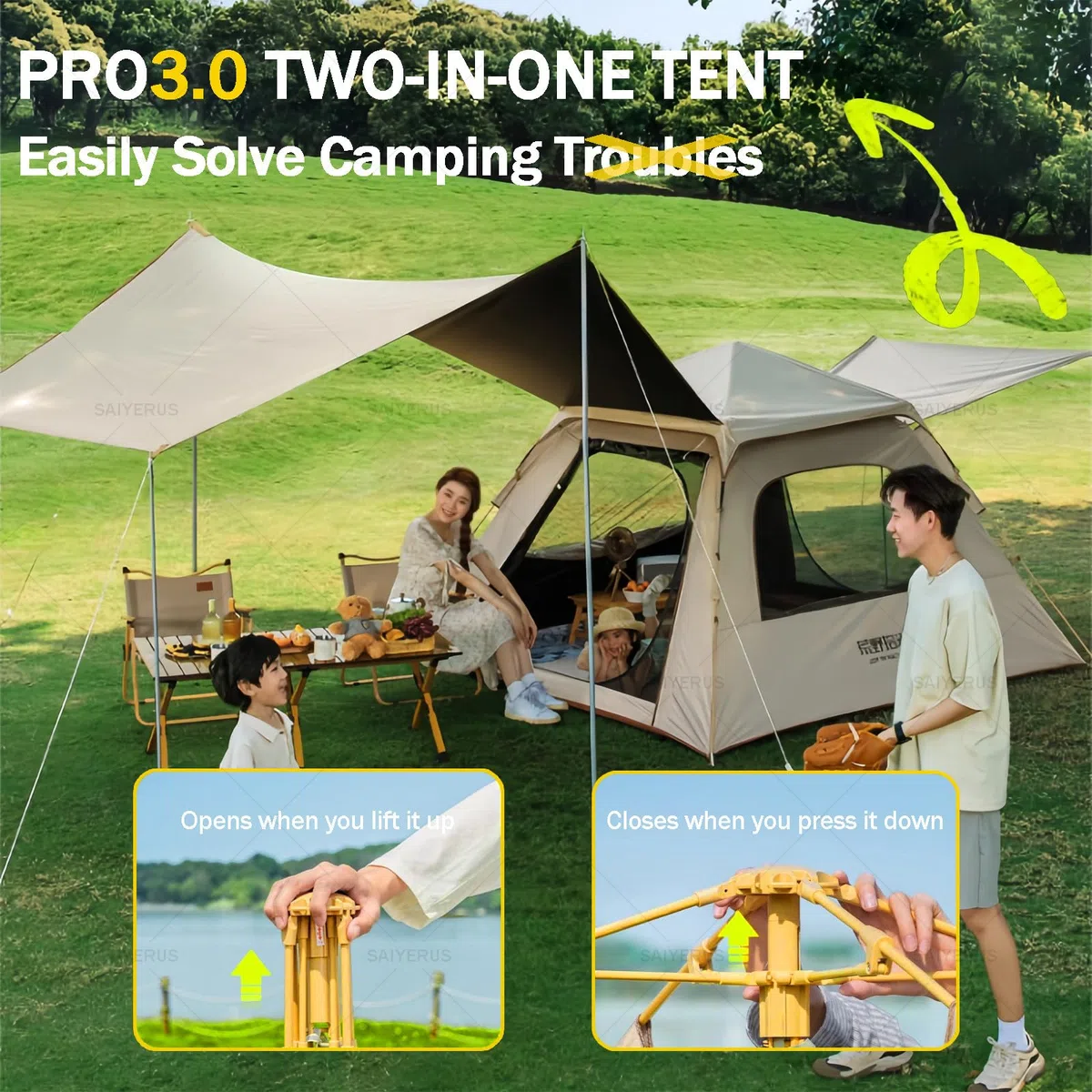 Przenośny namiot outdoorowy dla 4-6 osób, baldachim 2 w 1 z torbą do przenoszenia, narzędzia instalacyjne, mata podłogowa, mata piknikowa na kemping i podróż